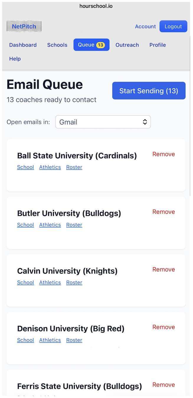 NetPitch Email Queue showing coaches organized and ready to contact